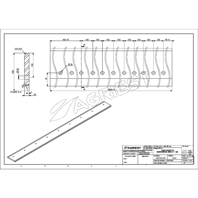 Lame Percee 200X25 LG 1840 400HB 11 TRS Ø18 EA 165 référence fournisseur 454198